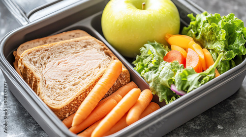 High-angle shot of a lunchbox packed with balanced options like whole-grain bread photo