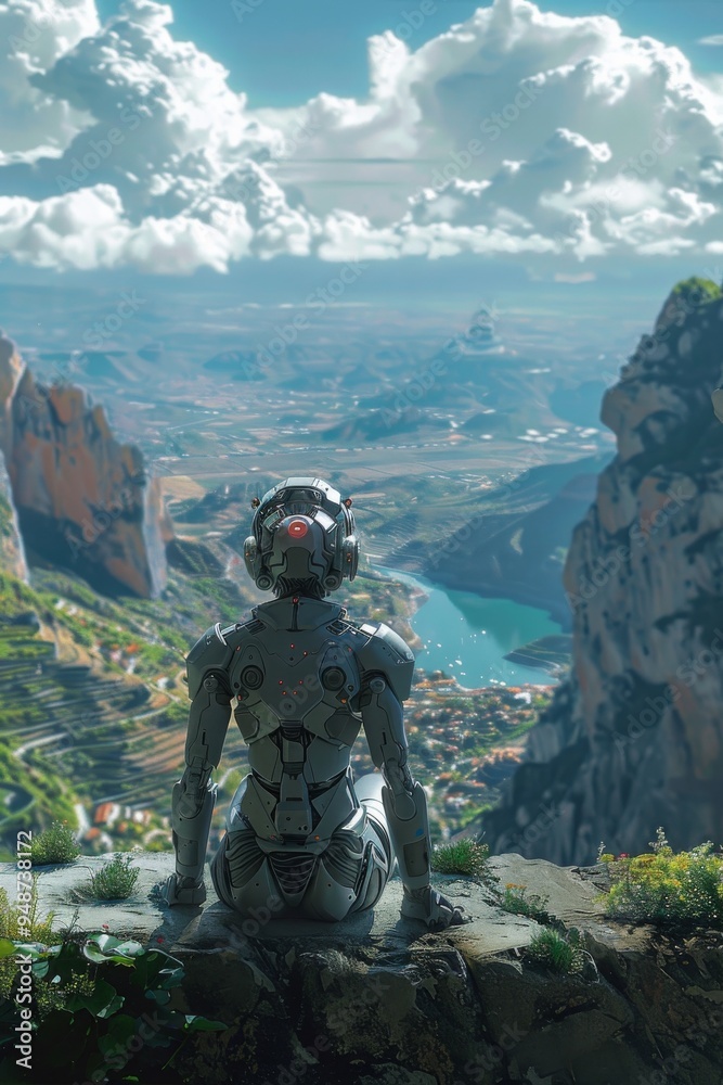 A person with cybernetic enhancements, looking out at a vast landscape, showcasing enhanced vision A person with cybernetic enhancements, looking out at a vast landscape, showcasing enhanced vision