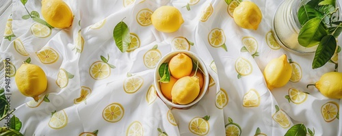 Bright lemon pattern on fabric, bowl of fresh lemons, flat lay. photo