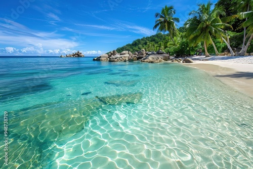 A stunning tropical beach with crystal clear waters and palm trees