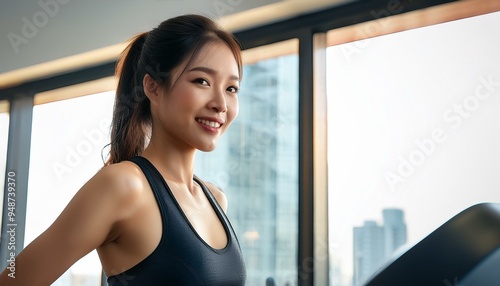 Free Download ランニングマシンで運動する若い女性(Young woman exercising on a treadmill, wearing stylish workout clothes)
 - GFXLoad