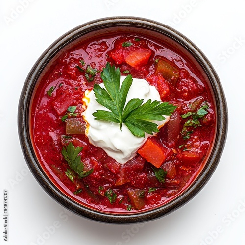 Bowl of borscht with sour cream and parsley. photo