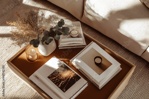 Stylish Coffee Table Decor with Dried Eucalyptus and Books

