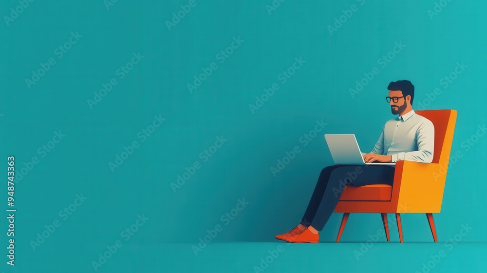 Smiling businessman sitting at desk, working on laptop computer in modern office Smiling businessman sitting at desk, working on laptop computer in modern office