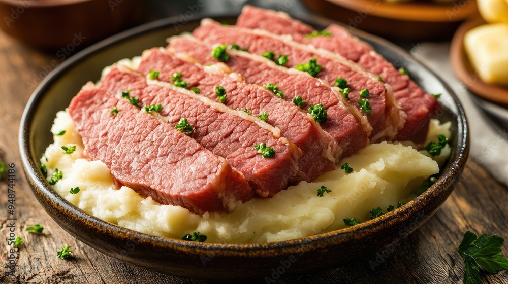 Close-up of corned beef and mashed potatoes. Perfect for illustrating a recipe or showcasing a delicious meal. Close-up of corned beef and mashed potatoes. Perfect for illustrating a recipe or showcasing a delicious meal.