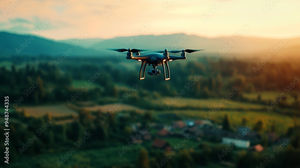 A telecommunication drone flying over rural areas, providing internet access to underserved communities A telecommunication drone flying over rural areas, providing internet access to underserved communities