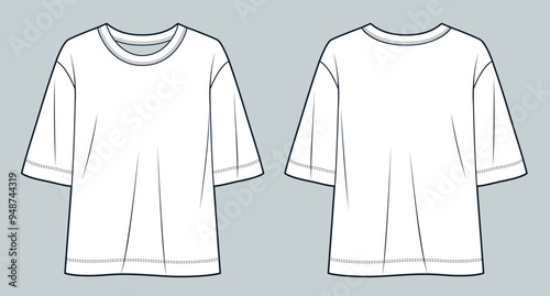 Oversize T-Shirt fashion flat tehnical drawing template. Half Sleeve T-Shirt technical fashion illustration, front and back view, white, women, men, unisex Top CAD mockup.