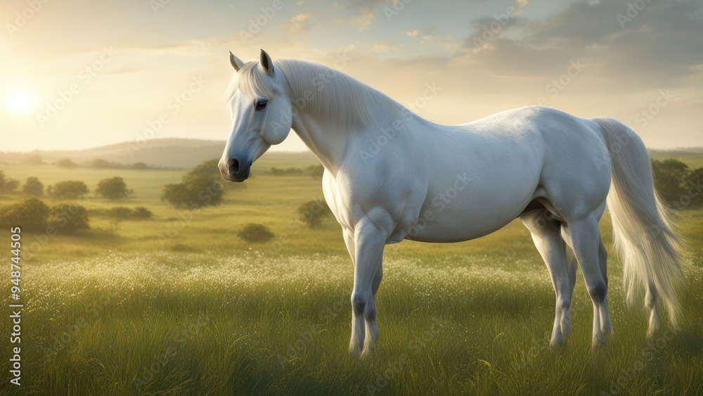 Majestic White Horse in Scenic Grassland with Realistic Ultra HD Imagery Majestic White Horse in Scenic Grassland with Realistic Ultra HD Imagery