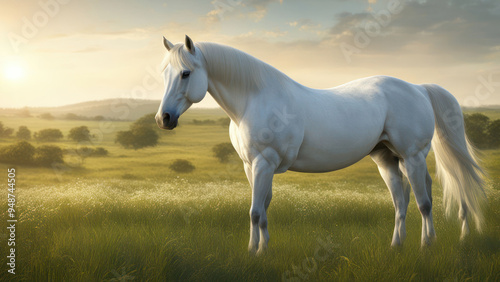 Majestic White Horse in Scenic Grassland with Realistic Ultra HD Imagery