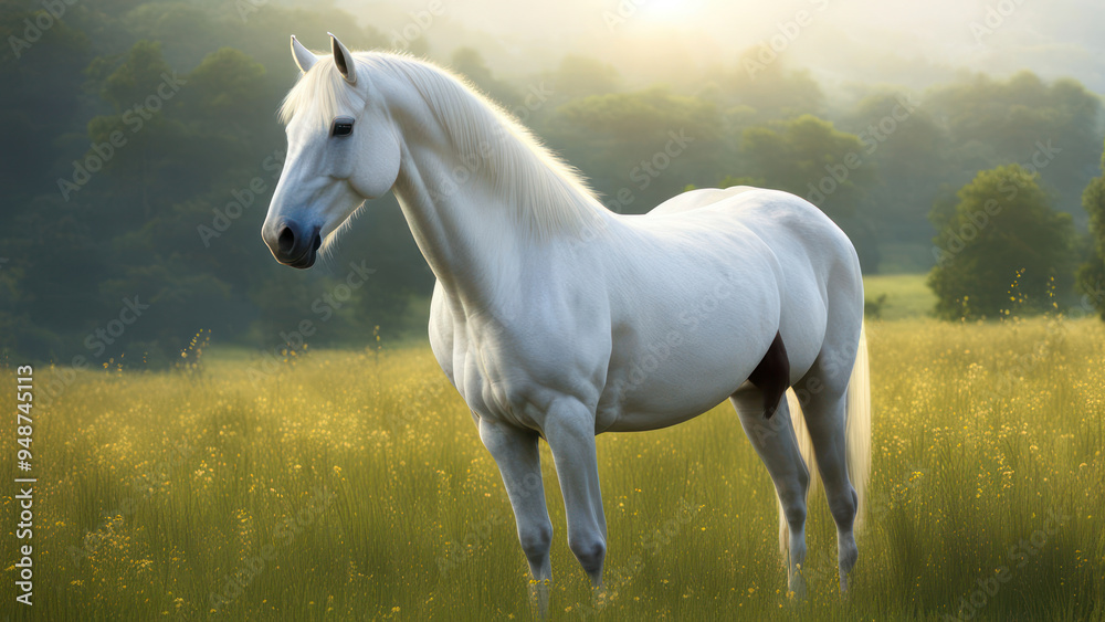 Majestic White Horse in Scenic Grassland with Realistic Ultra HD Imagery Majestic White Horse in Scenic Grassland with Realistic Ultra HD Imagery