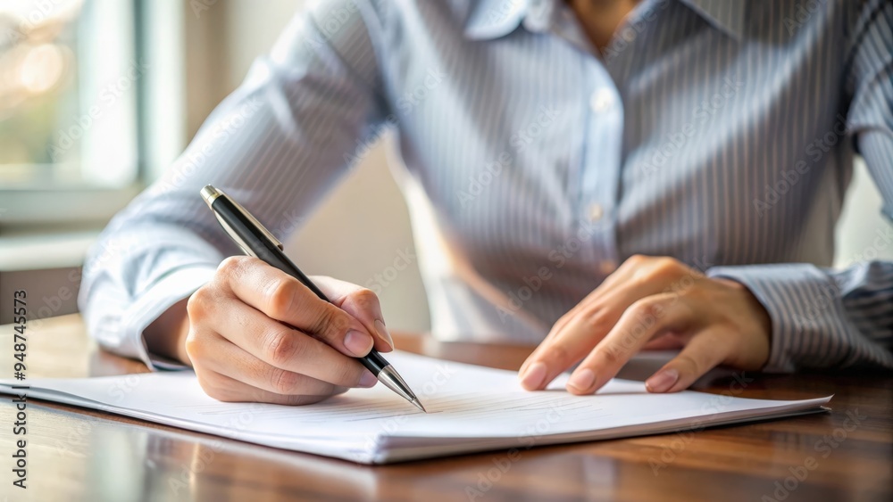 Close-up of a person filling out paperwork with a pen, application, form, document, submit, paperwork, signature Close-up of a person filling out paperwork with a pen, application, form, document, submit, paperwork, signature