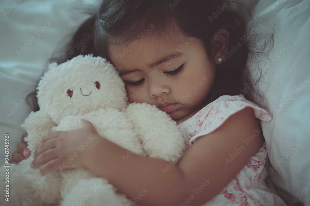 Sweet Dreams: Child Embracing Teddy Bear in Cozy Bedtime Scene Sweet Dreams: Child Embracing Teddy Bear in Cozy Bedtime Scene