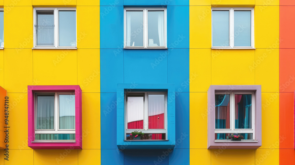 Fototapeta premium A colorful building facade with windows framed in various bright colors, including yellow and blue.