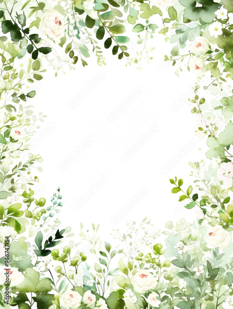 Green leaves and flower watercolor background invitation template, greeting card, wedding, copy space. Green leaves and flower watercolor background invitation template, greeting card, wedding, copy space.