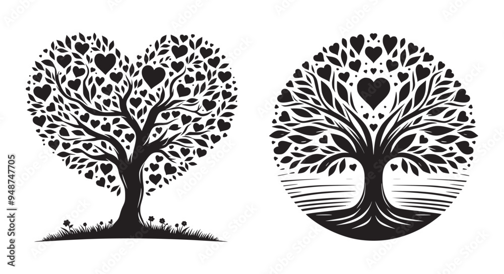 black and white heart trees black and white heart trees