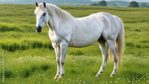 Majestic White Horse in Scenic Grassland with Realistic Ultra HD Imagery