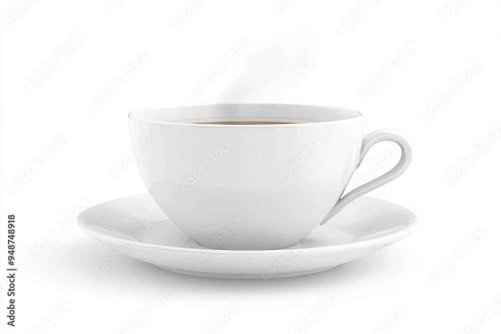 Close-up of a steaming coffee cup with a saucer on a white backdrop. Close-up of a steaming coffee cup with a saucer on a white backdrop.