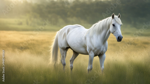 Majestic White Horse in Scenic Grassland with Realistic Ultra HD Imagery