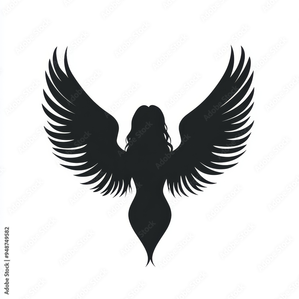 Angelic figure in silhouette with outstretched wings on a white backdrop. Angelic figure in silhouette with outstretched wings on a white backdrop.
