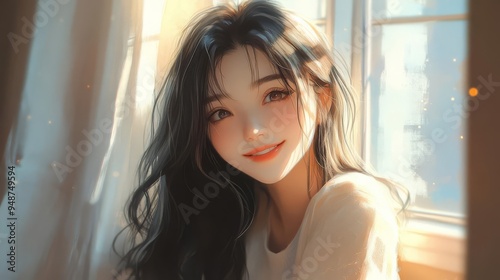 A beautiful young woman with long dark hair smiling by the window in soft natural light. Free Download A beautiful young woman with long dark hair smiling by the window in soft natural light. - GFXLoad