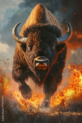 Bison running through flames in dramatic landscape photo