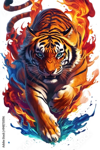 Tiger surrounded by flames and elements in motion photo