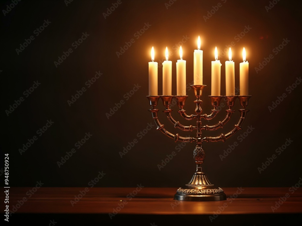 Hanukkah menorah with candles lit, set against a dark background Hanukkah menorah with candles lit, set against a dark background
