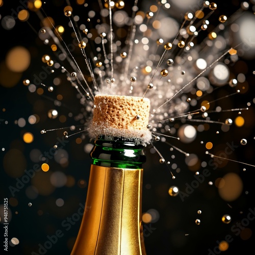 New Year's Eve champagne bottle with popping cork and bubbles