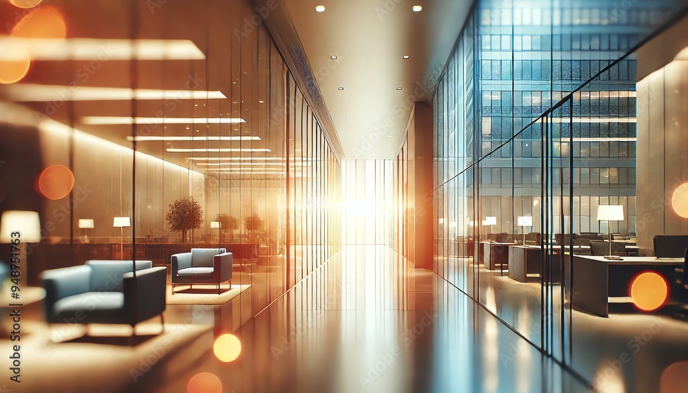 A modern office hallway with a slightly blurred effect. The scene conveys a professional, yet slightly dreamy atmosphere A modern office hallway with a slightly blurred effect. The scene conveys a professional, yet slightly dreamy atmosphere