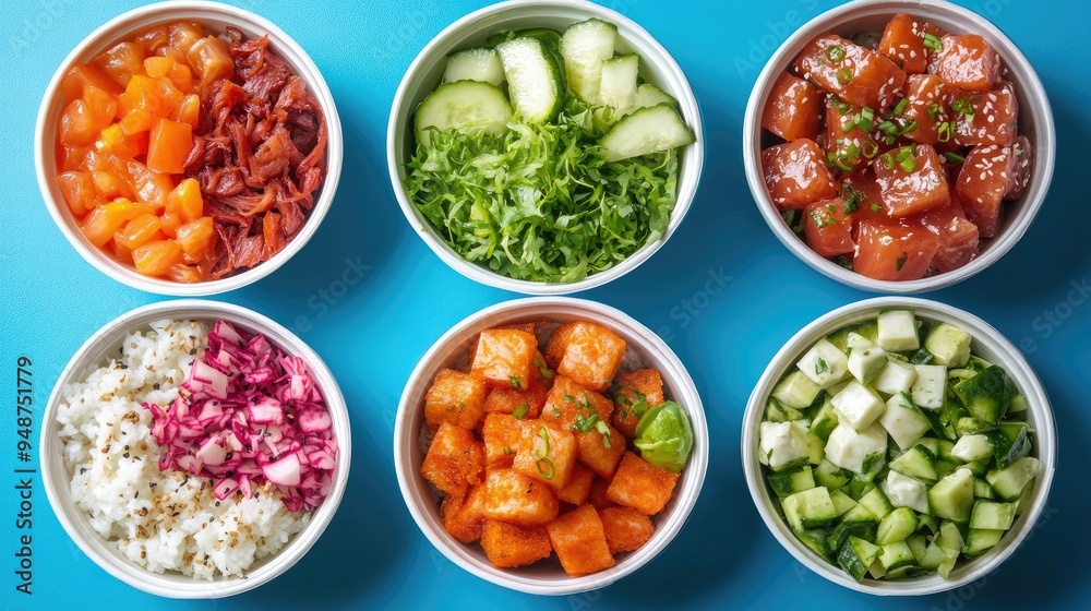 Assortment of poke bowl ingredients. Perfect for showcasing healthy and delicious meal options. Assortment of poke bowl ingredients. Perfect for showcasing healthy and delicious meal options.