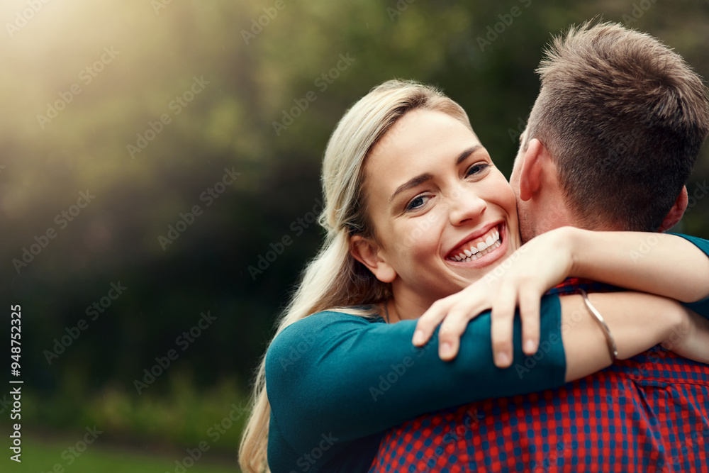 Smile, portrait and hug outdoor on date, vacation or bonding together on holiday to relax. Happy woman, man and relationship in nature for love, romantic commitment and support of partner in New York Smile, portrait and hug outdoor on date, vacation or bonding together on holiday to relax. Happy woman, man and relationship in nature for love, romantic commitment and support of partner in New York