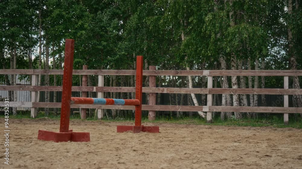 Wide shot of young female jockey sitting on horseback of athletic Bay horse during hurdle jumps practice in well-maintained outdoor sanded arena in rural area Wide shot of young female jockey sitting on horseback of athletic Bay horse during hurdle jumps practice in well-maintained outdoor sanded arena in rural area