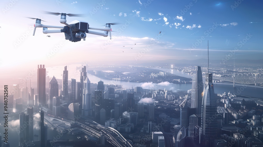 A drone soaring above a modern city skyline, capturing stunning aerial views and showcasing urban life and innovation. A drone soaring above a modern city skyline, capturing stunning aerial views and showcasing urban life and innovation.