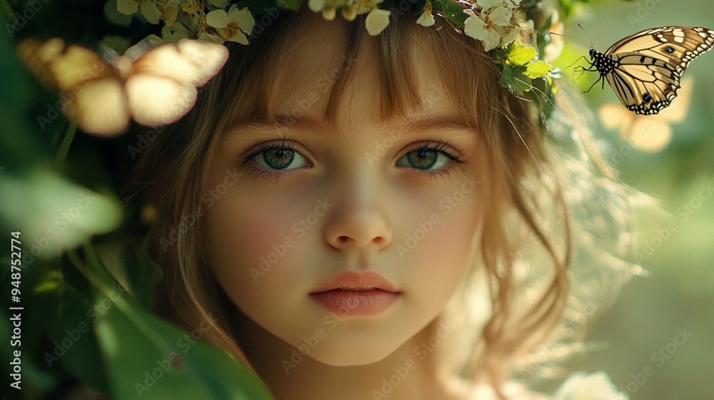 Enchanting Portrait of a Young Girl with Floral Crown and Butterflies in a Dreamy Nature Setting Enchanting Portrait of a Young Girl with Floral Crown and Butterflies in a Dreamy Nature Setting
