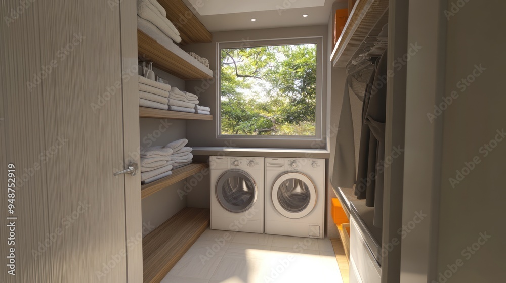 Modern laundry room with two washing machines, wooden shelves, and a window overlooking green trees. Modern laundry room with two washing machines, wooden shelves, and a window overlooking green trees.