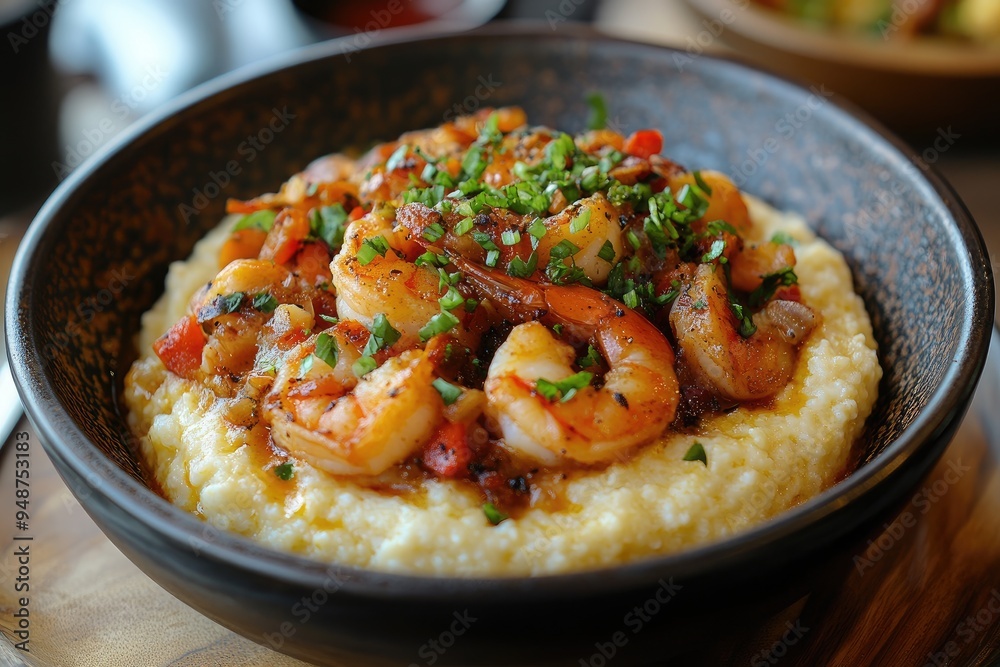 Shrimp and grits served in a bowl. This photo is perfect for restaurant menus, food blogs, and social media posts about Southern cuisine. Shrimp and grits served in a bowl. This photo is perfect for restaurant menus, food blogs, and social media posts about Southern cuisine.