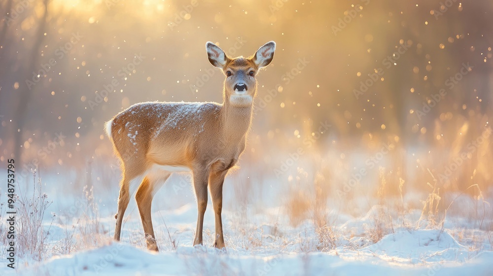 A white-tailed deer stands in the snow. The deer is captured in the warm glow of a winter sunset. A white-tailed deer stands in the snow. The deer is captured in the warm glow of a winter sunset.