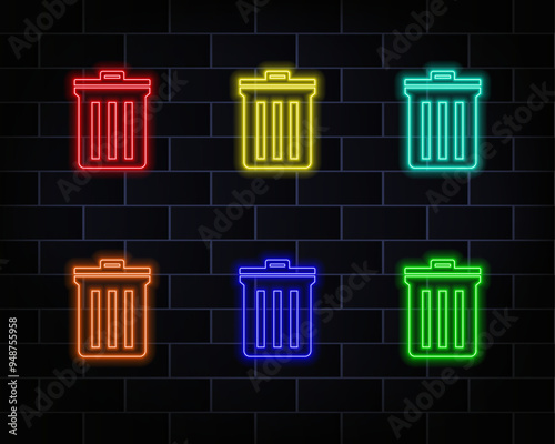 Glowing neon line Recycle bin with recycling symbol icon isolated on white background. Trash can icon. Trash can sign. Recycling basket sign. Black square button. red, yellow, blue, orange and green.