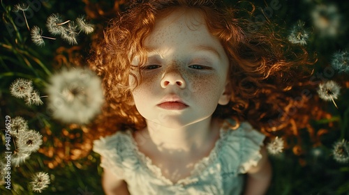 Whimsical Childhood Moments: Girl Surrounded by Dandelions in Nature