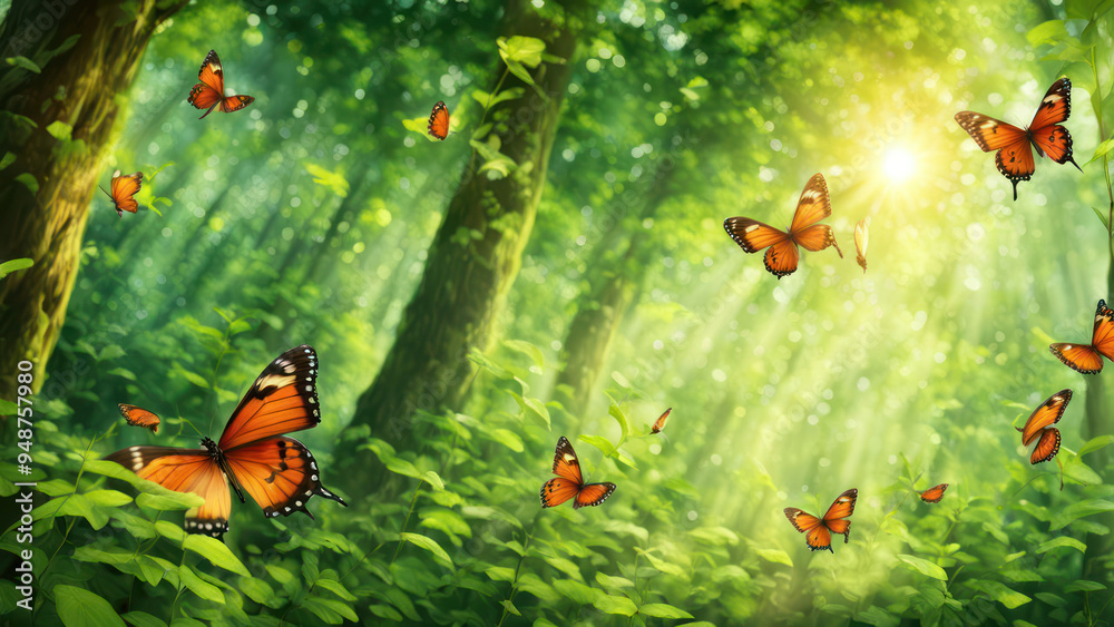 butterflies dancing in the forest in morning and green view