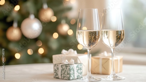 Enchanting Christmas Elegance: Close-up of Wine Glasses and an Exquisitely Detailed Christmas Tree with Sophisticated Ornaments