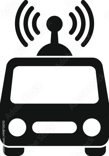 Simple icon representing a self driving vehicle receiving data through wireless connection