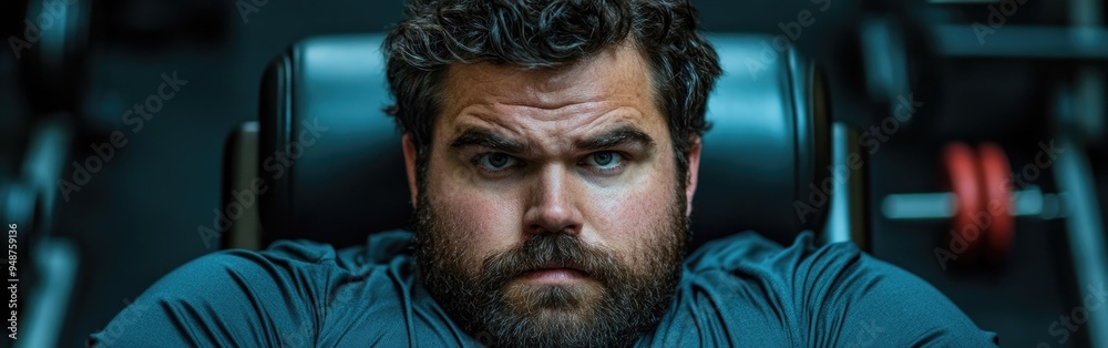 Obraz premium An overweight man pauses to catch his breath in a softly lit gym setting