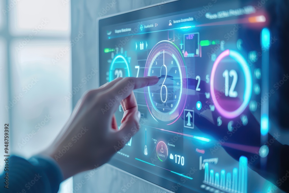 A user interacts with a futuristic touchscreen interface displaying data metrics and visualizations. A user interacts with a futuristic touchscreen interface displaying data metrics and visualizations.