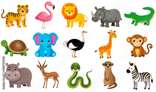 Fototapeta Naklejka Na Ścianę i Meble -  Cute cartoon African and jungle animals, PNG images, isolated with transparent background