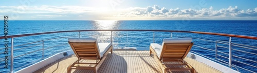 Relaxing view from a yacht deck overlooking the ocean at sunset with two lounge chairs positioned perfectly for enjoying the serene horizon.