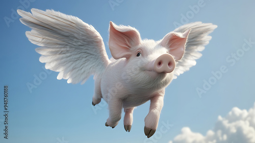 Wallpaper Mural When Pigs Fly is a whimsical 3D render of a pink pig soaring through a sunny sky with feathery angel wings, capturing the impossible made possible.   Torontodigital.ca