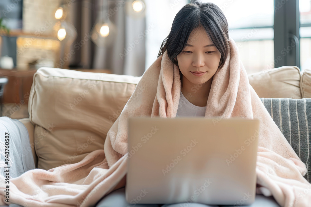 Naklejka premium A young Asian woman enjoys cozying up with a laptop while wrapped in a soft blanket at home, creating a warm and inviting atmosphere.
