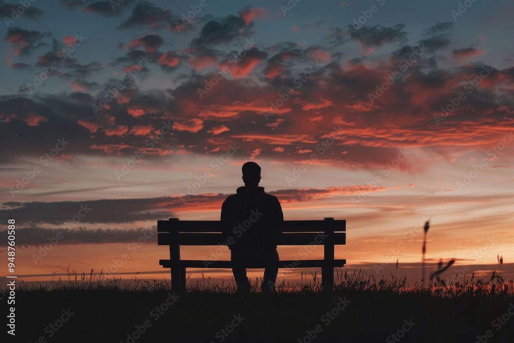 A man sits on a bench in a field at sunset A man sits on a bench in a field at sunset