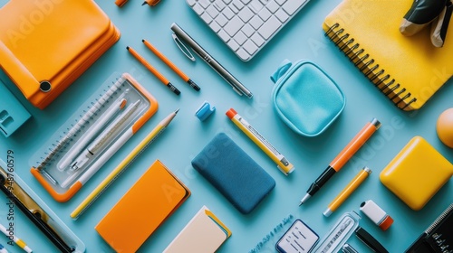 Flat lay of various office supplies. It is a great image for blogs, articles, or websites about organization, productivity, or back to school.